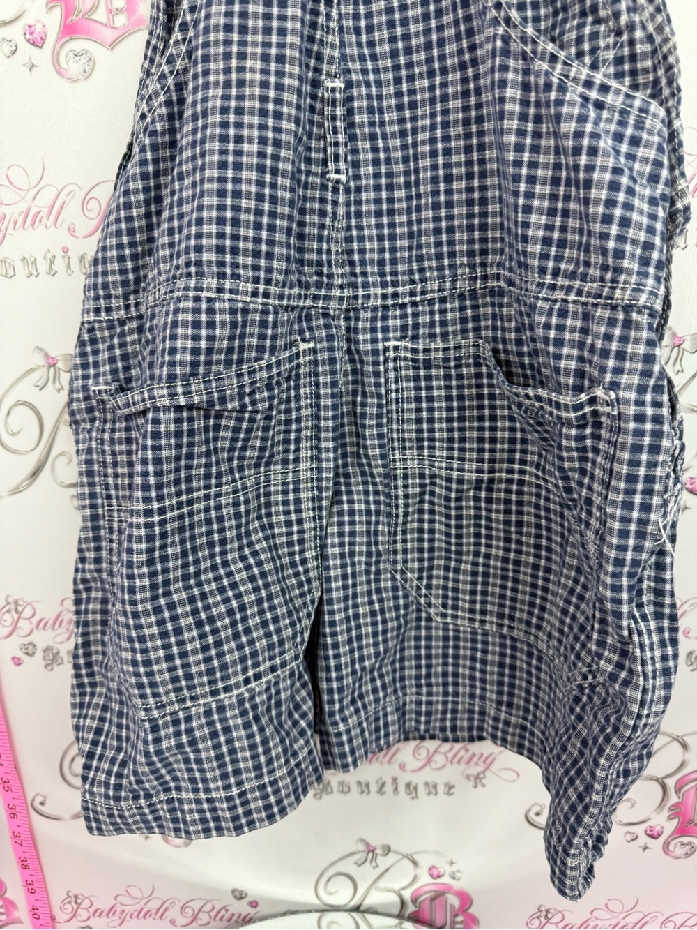 725 originals vintage overalls Girls Navy Plaid Short Overalls Jumper Romper - Picture 3 of 10